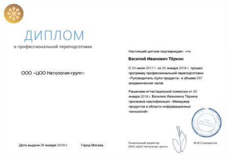 Сертификат об окончании SEO-курсов в Нетологии